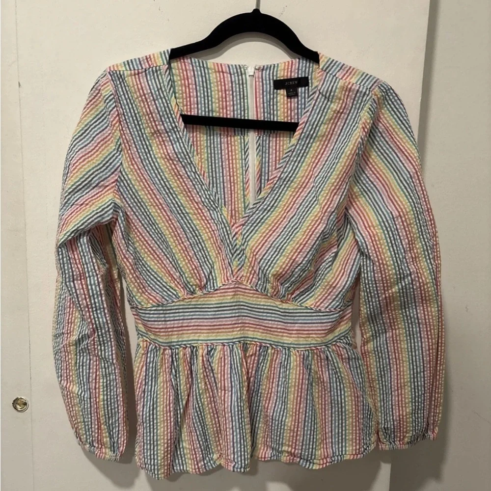 J.Crew V-Neck Peplum Rainbow Seersucker Top XS - Picture 2 of 5